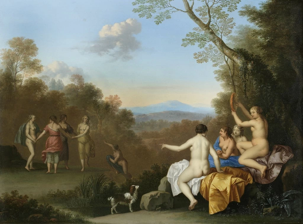Ninfe che ballano e fanno musica da una piscina su una collina boscosa con il pastore pugliese